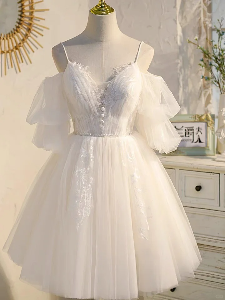 Elegant Spaghetti Straps White Tulle Appliques A Line Birthday Outfits Short Prom Dress D353