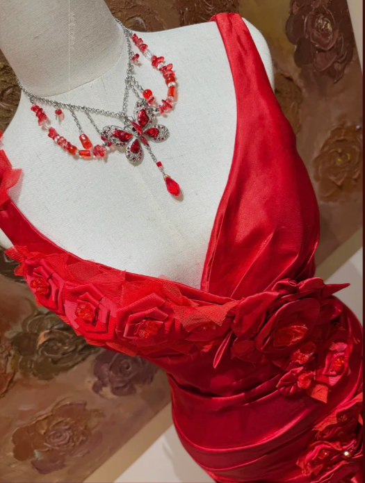 Elegant Red V Neck Satin Mermaid Long party Dress Birthday Outfits With 3D Flowers SP1779