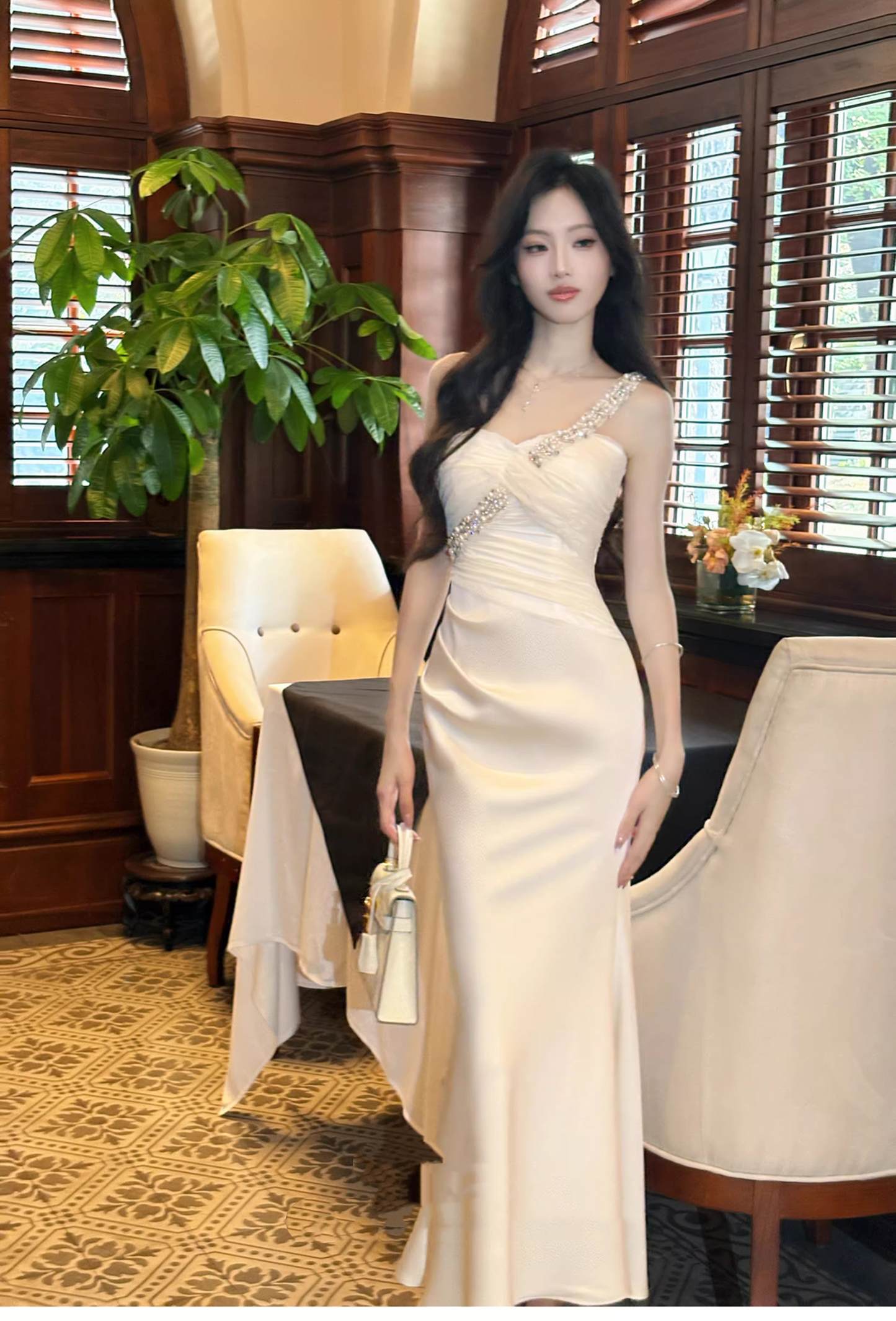 Pretty One Shoulder White Satin Beaded Mermaid Long Party Dress Formal 18th Birthday Outfits SP2006