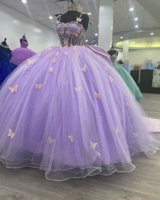 Glamorous Purple Tulle Princess Dress With Butterflies,Ball Gown,Sweet 16 Dress Y5463