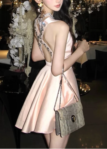 Elegant Homecoming Dress Halter Rhinestone Pleated Short Prom Dress Back to School Outfits Party Dress D6054