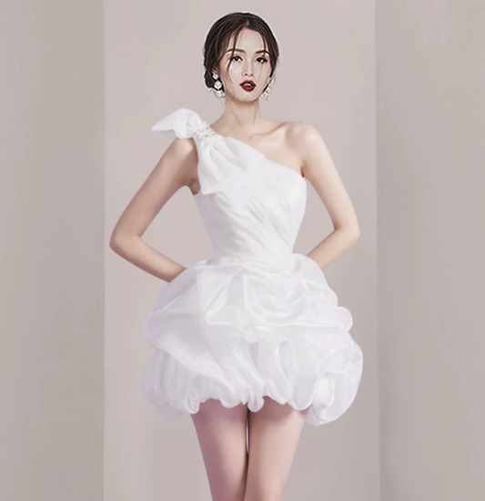 Charming Homecoming Dress Asymmetrical Bowknot Pleated Short Prom Dress Back to School Outfits Party Dress D6056