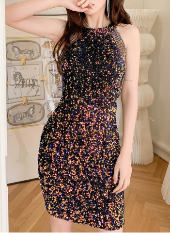 Shimmering Homecoming Dress Halter Sequins Prom Dress Back to School Outfits Party Dress D6163