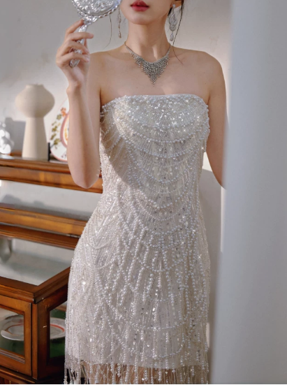 Shimmering Homecoming Dress Strapless Pearl Tassel Prom Dress Back to School Outfits Party Dress D6167