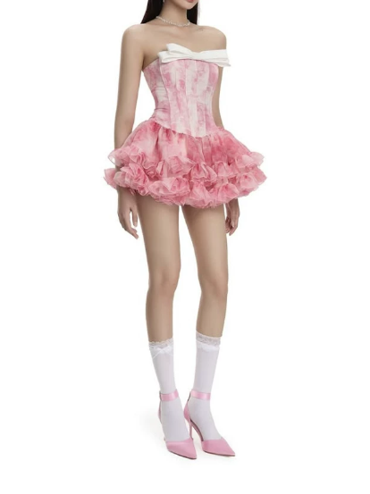 New Homecoming Dress Strapless Cascade Bowknot Prom Dress Back to School Outfits Party Dress D6195