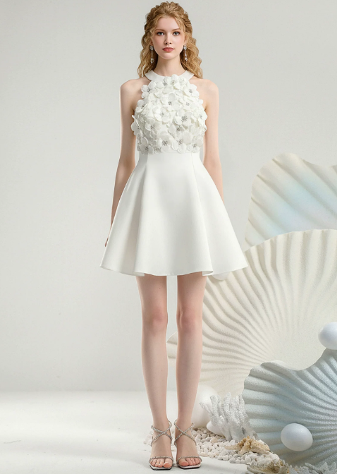 New Homecoming Dress Halter Flower Beaded Prom Dress Back to School Outfits Party Dress D6238