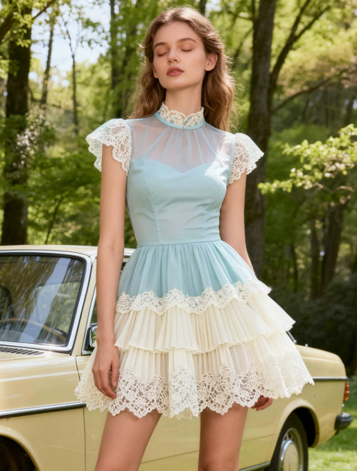 Stunning Homecoming Dress High Collar Lace Cascade Prom Dress Back to School Outfits Party Dress D6252