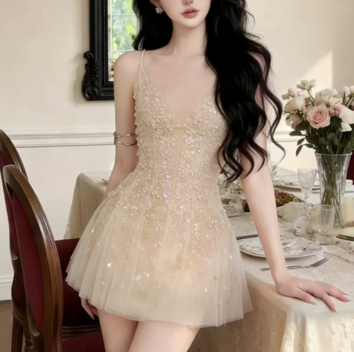 New Homecoming Dress Spaghetti Strap Lace Applique Prom Dress Back to School Outfits Party Dress D6257