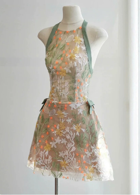 Pretty Homecoming Dress Halter Bowknot Lace Prom Dress Back to School Outfits Party Dress D6298