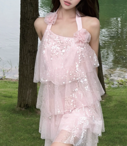 Sweet Homecoming Dress Halter Flower Sequins Dress Back to School Outfits Party Dress D6345