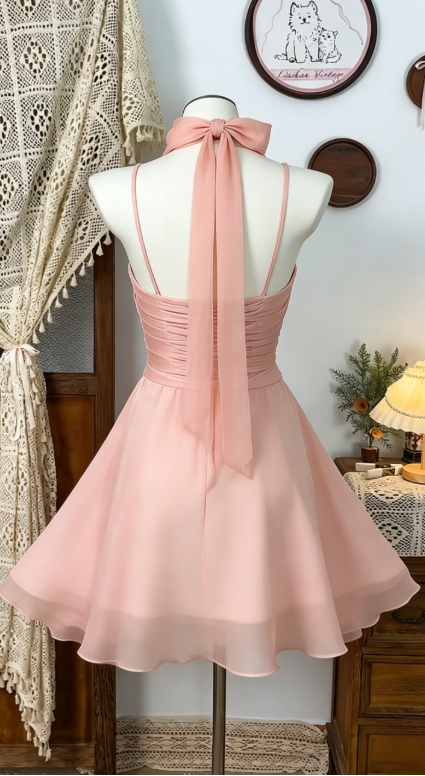 Beauty Homecoming Dress Halter Pleated Back to School Outfits Party Dress D6493