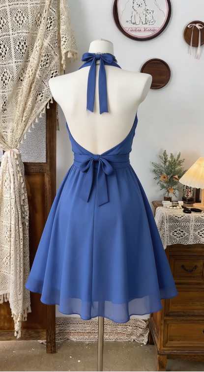 Elegant Homecoming Dress Halter Bowknot Backless Back to School Outfits Party Dress D6491