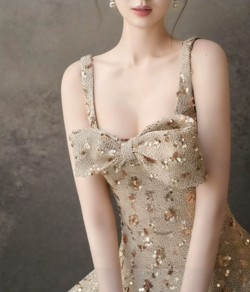 Shiny Homecoming Dress Spaghetti Strap Sequins Bowknot Back to School Outfits Party Dress D6512