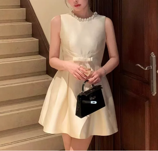 Elegant Homecoming Dress Jewel Pearl Bowknot Back to School Outfits Party Dress D6516