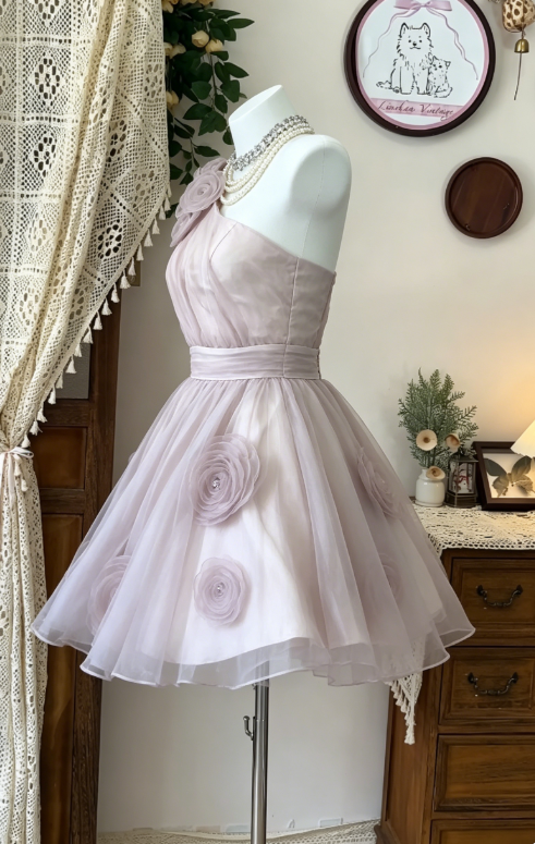 Pretty Homecoming Dress One Shoulder Flower Tulle Back to School Outfits Party Dress D6600