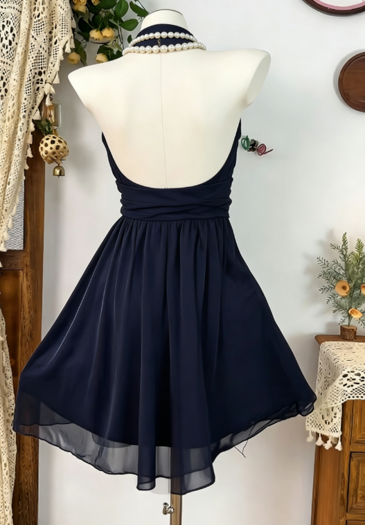 Elegant Homecoming Dress Halter Pleated Flower LaceBack to School Outfits Party Dress D6588