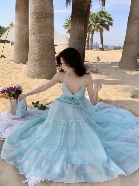 French style mint green halter neck suspender dress Sanya seaside holiday backless fairy long dress R0214