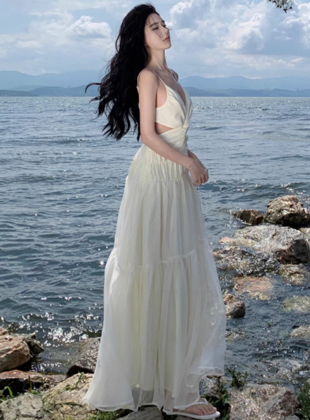 French style beautiful white chiffon suspender dress sexy backless seaside holiday dress R0231