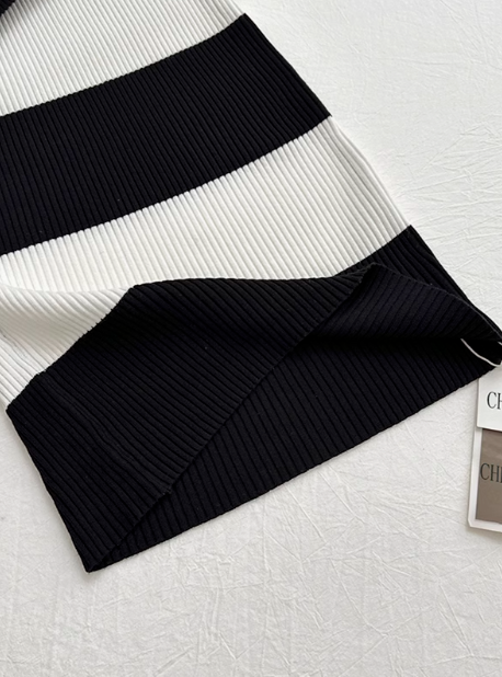 Fashion new black and white knitted striped long one-shoulder waisted hip-wrapped tube top dress R0267