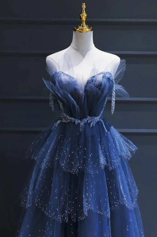 Vintage Blue Beaded Design Elegant A-Line Chiffon Tulle Evening Dress Prom Dress D1602