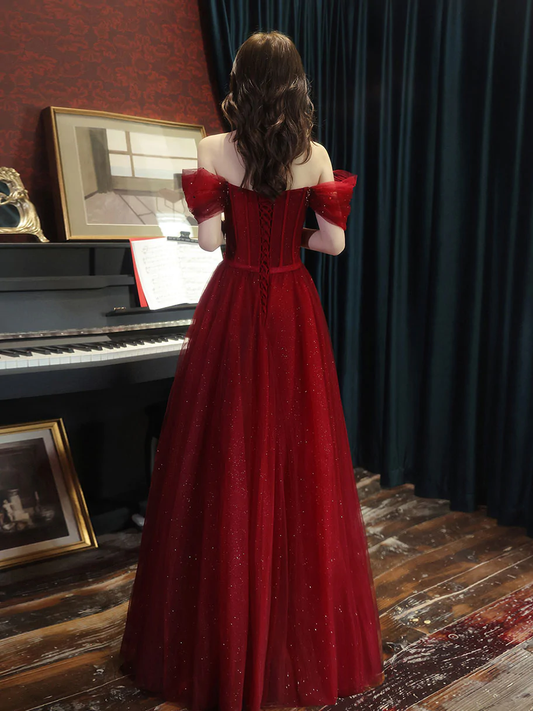A line tulle sequin long prom dress burgundy tulle formal party dress S2278