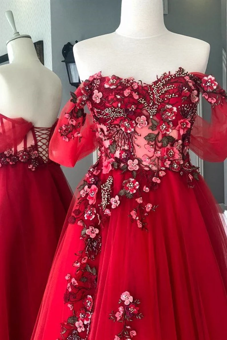 prom tulle dress, flower applique dress S2219