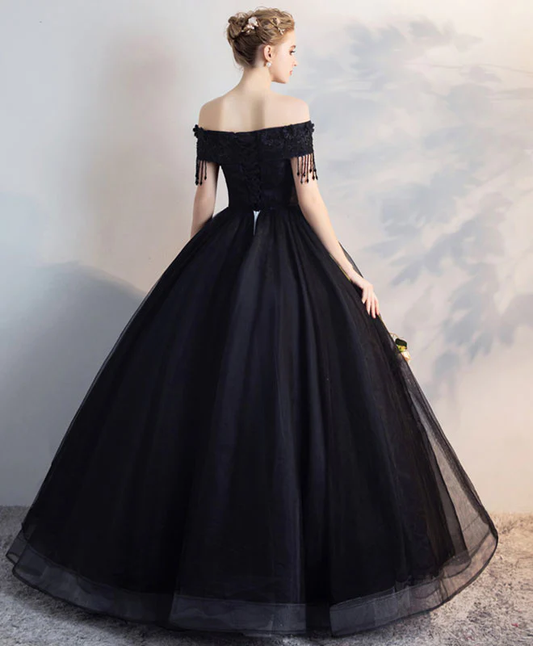 Black Off Shoulder Lace Tulle Long Prom Dress, Black Evening Dress fg2629