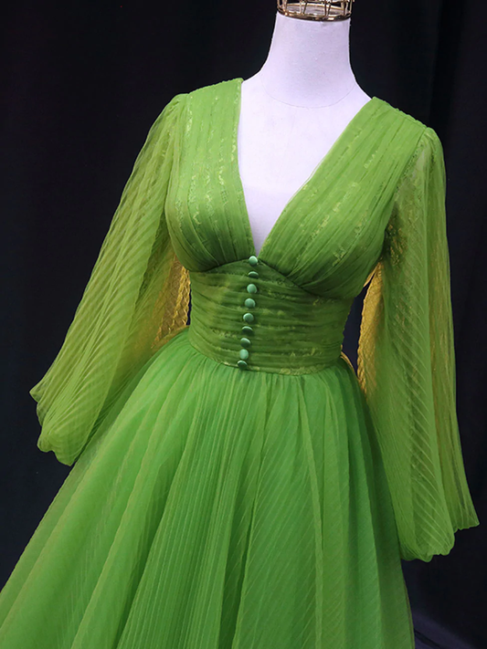 Green A Line Long Prom Dresses, V Neck Green Tulle Long Formal Evening Dresses fg2229