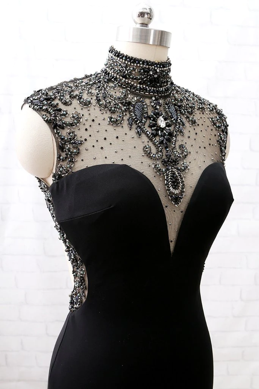 Mermaid High Neck Beaded Black Formal Evening prom Gown with Slit fg1850