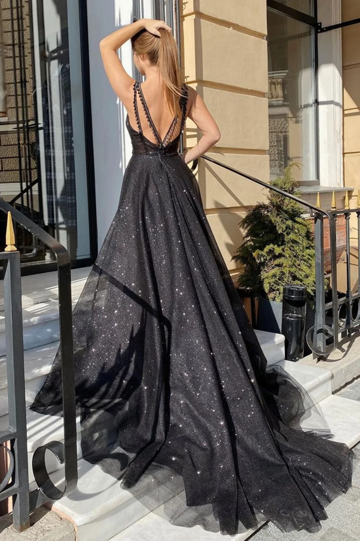 Shiny Tulle V Neck Open Back Black Long Prom Dresses with High Slit, Sparkly Black Tulle Formal Graduation Evening Dresses fg3076