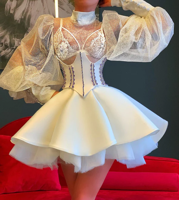 White Short Dress Corset Crystals Homecoming Dress Short Wedding Dress fg2316