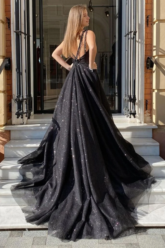 Shiny Tulle V Neck Open Back Black Long Prom Dresses with High Slit, Sparkly Black Tulle Formal Graduation Evening Dresses fg3076