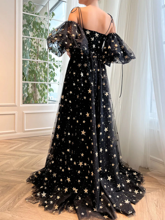 A-Line Tulle Black Long Prom Dress, Black Tulle Formal Evening Dress fg2233