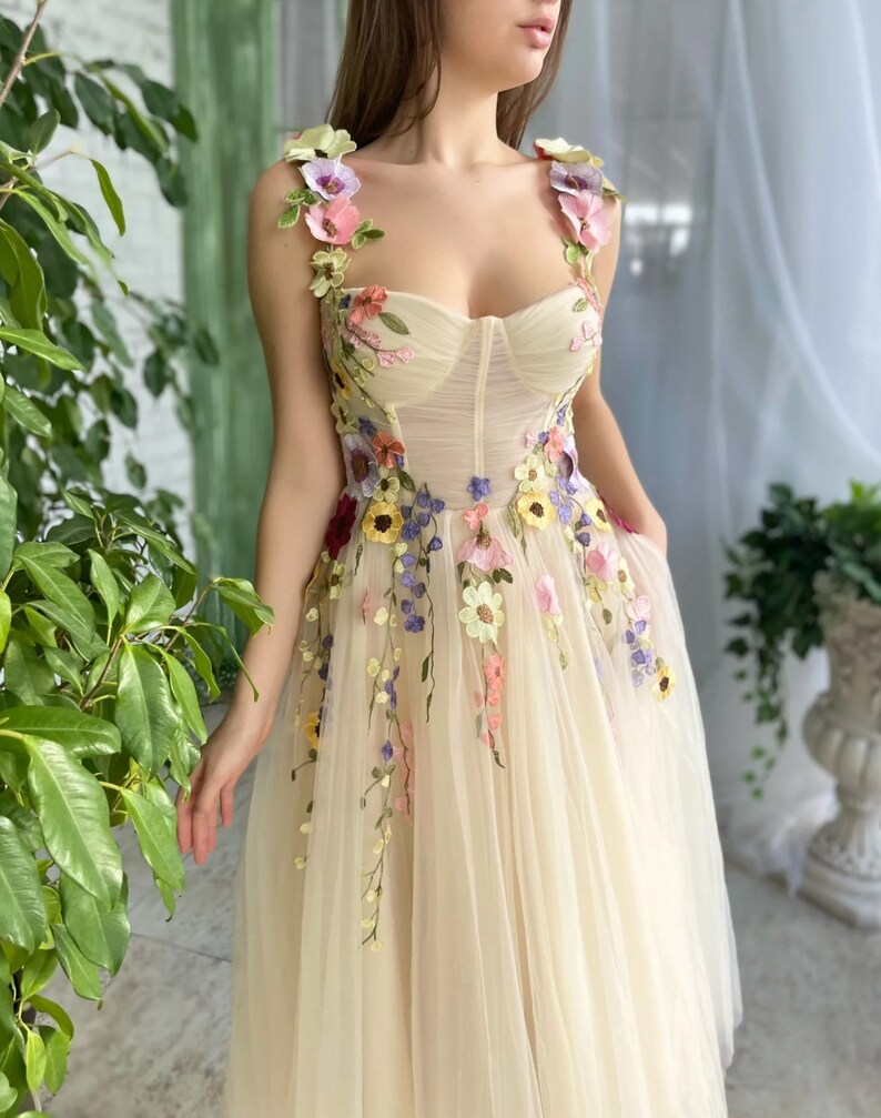 Light Champagne Ankle-Length Evening Gowns Colorful Pattern Appliques Formal Party Dresses 3D Flowers Straps Prom Dress fg251