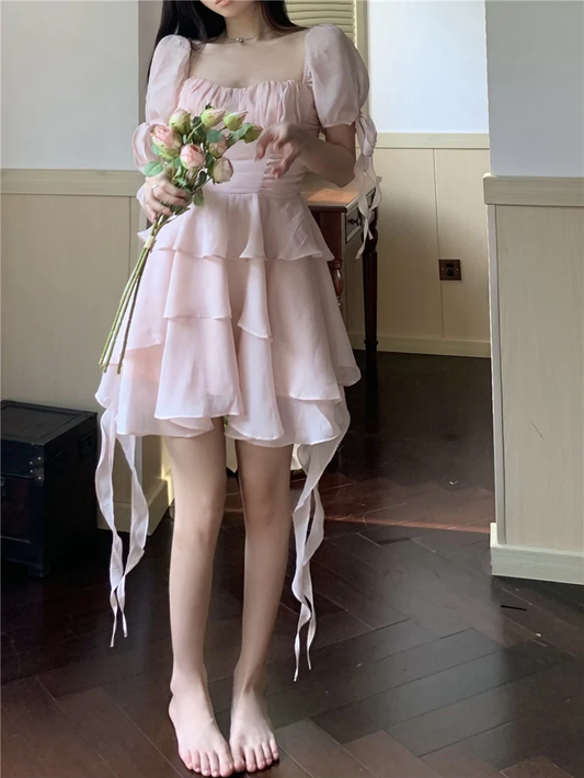 Ruffled Puff Sleeve Dress Solid Square Collar Women's Summer Dress , Homecoming Party Dress fg2740