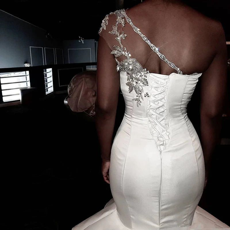 One shoulder Mermaid Bridal Wears with Ruffles Train Wedding Dresses fg2593