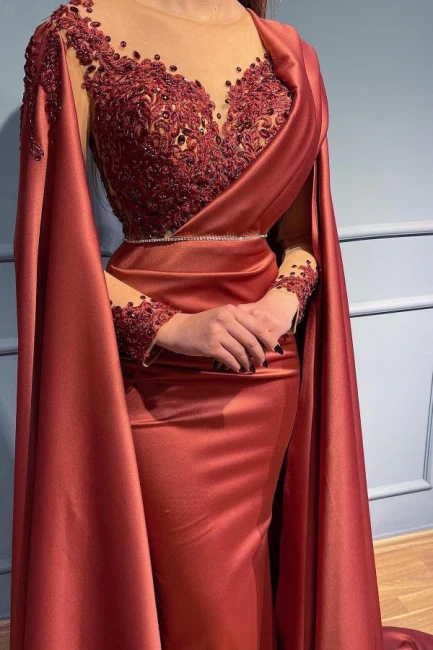 Designer Red Long Mermiad V-neck Lace Evening Dresses With Sleeves fg2903