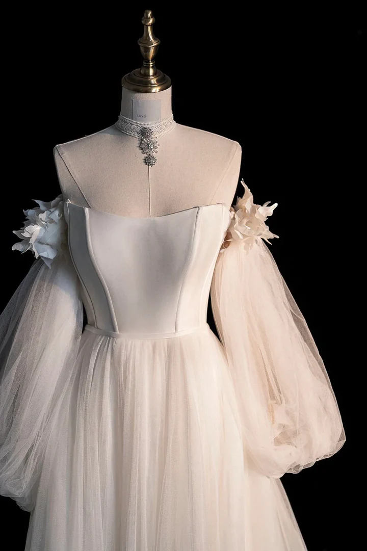 Champagne tulle long A-line prom dress champagne evening dress fg2225