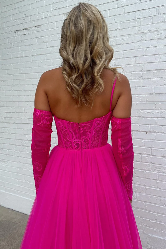 A-line One Shoulder Lace Tulle Prom Dress with Slit fg4741