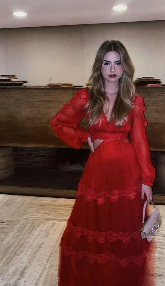 Red Long Sleeves A-line Prom Dress,Red Evening Dress fg4598
