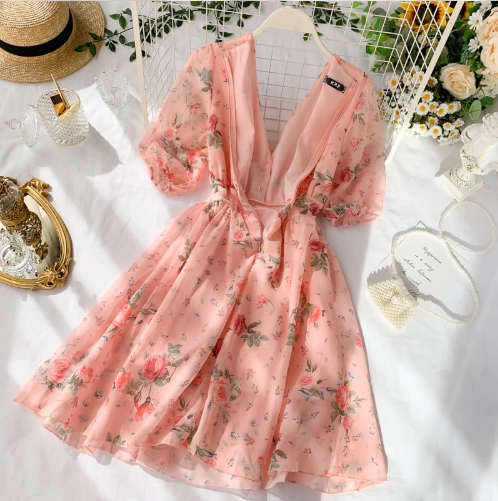French Floral V Neck Summer Chiffon Dress S4445