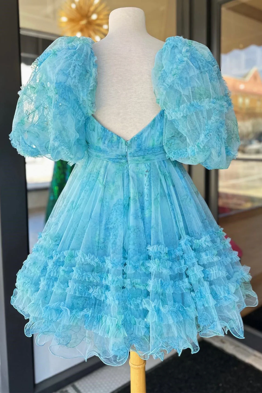 Blue Floral Print Short Baby Doll Homecoming Dress with Balloon Sleeves S2614
