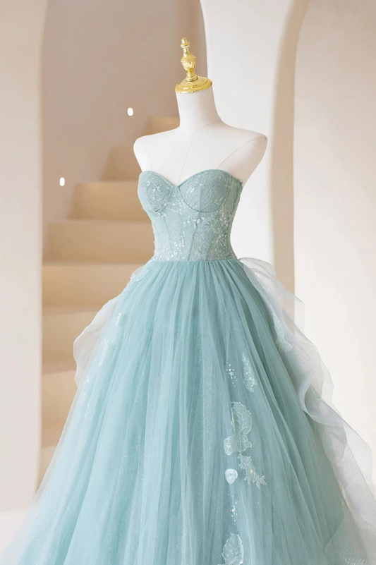 Cute Tulle Strapless Long Prom Dress, A-Line Lace Formal Evening Dress fg5441