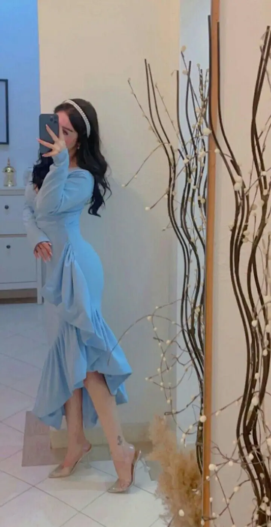 Mermaid Light Blue Women's Prom Dresses V Neck Long Sleeves Formal Occasion Dress Evening Dress S5380