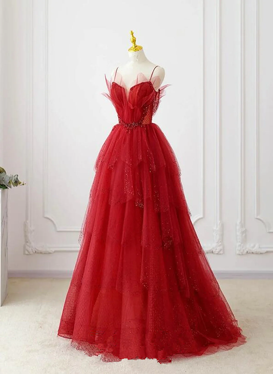 A-Line Tulle Layers Straps Long Party Dress, Tulle Prom Dress Evening Dress fg4468