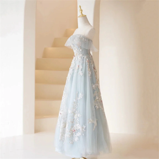 Light Blue Prom Dresses Fairy,Long Blue Tulle Floral Appliques Formal Dresses fg5691