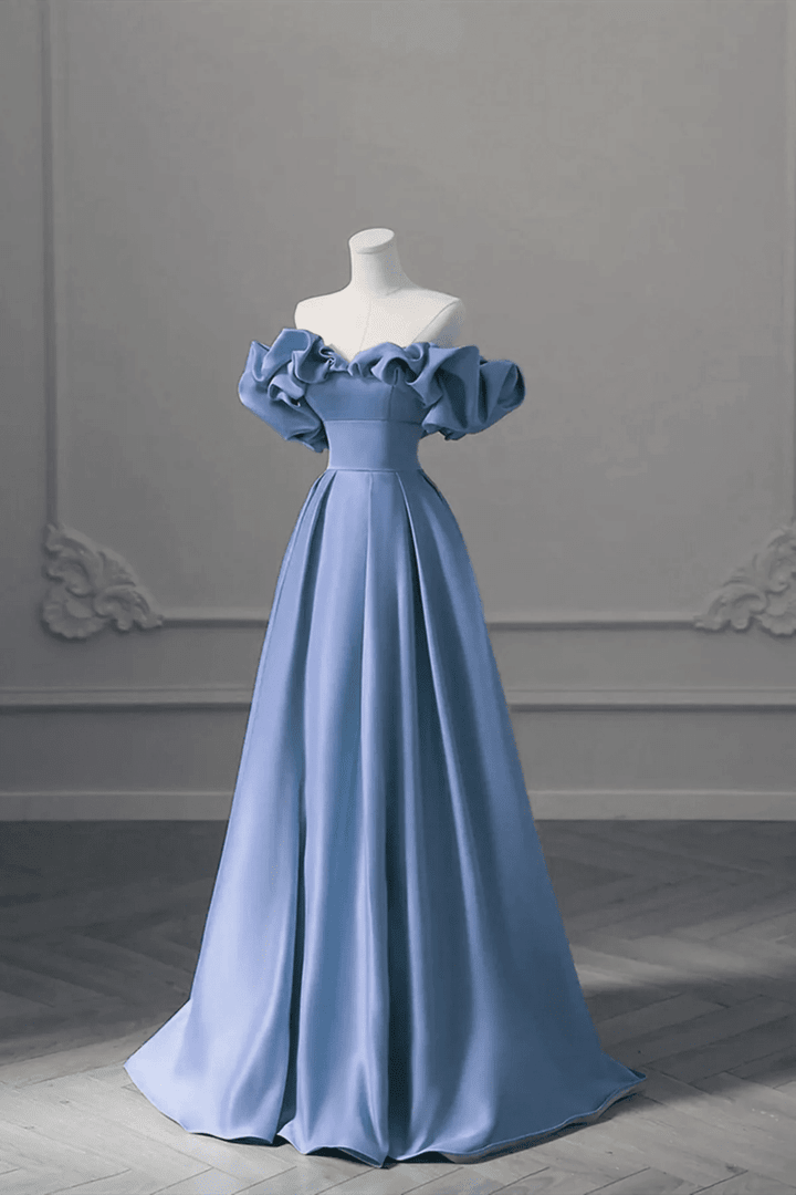 Unique Blue Satin Long Off Shoulder Party Dress, Simple Blue Prom Dress fg4969