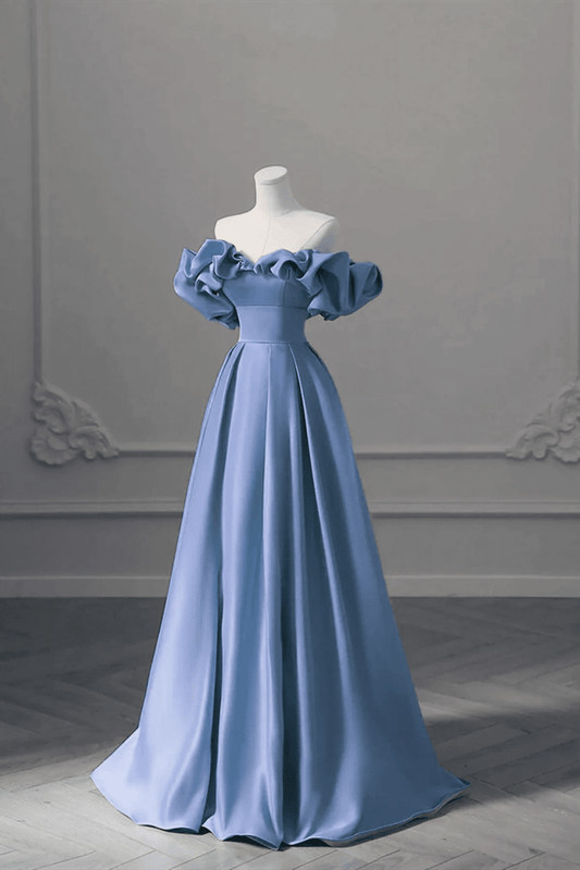 Unique Blue Satin Long Off Shoulder Party Dress, Simple Blue Prom Dress fg4969