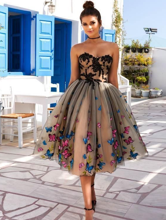 Black and Champagne Tulle Short Prom Dresses Sweetheart Butterflies Applique Homecoming Party Gowns Tea Length