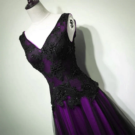 A-line Black and Purple Tulle V-neckline Beaded Prom Dress, Black Tulle Formal Dress fg4932